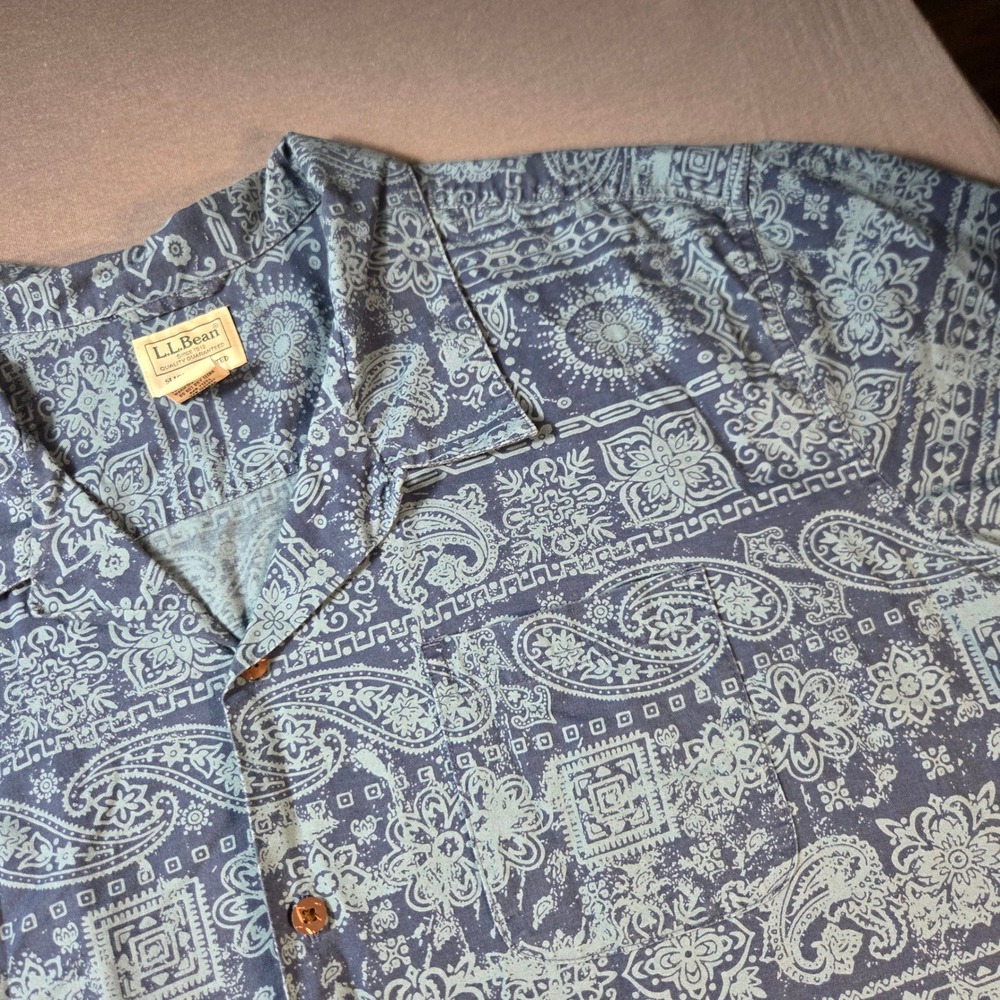 LL Bean Mens XXXL Blue Paisley Bandana Short Sleeve Cotton Button Down Shirt 3x